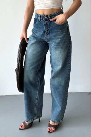 Kadın Kemer Tokalı Baggy Jean Pantolon Efektli Koyu Mavi Tintli 4003