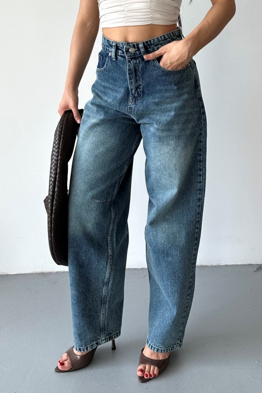 Kadın Kemer Tokalı Baggy Jean Pantolon Efektli Koyu Mavi Tintli 4003