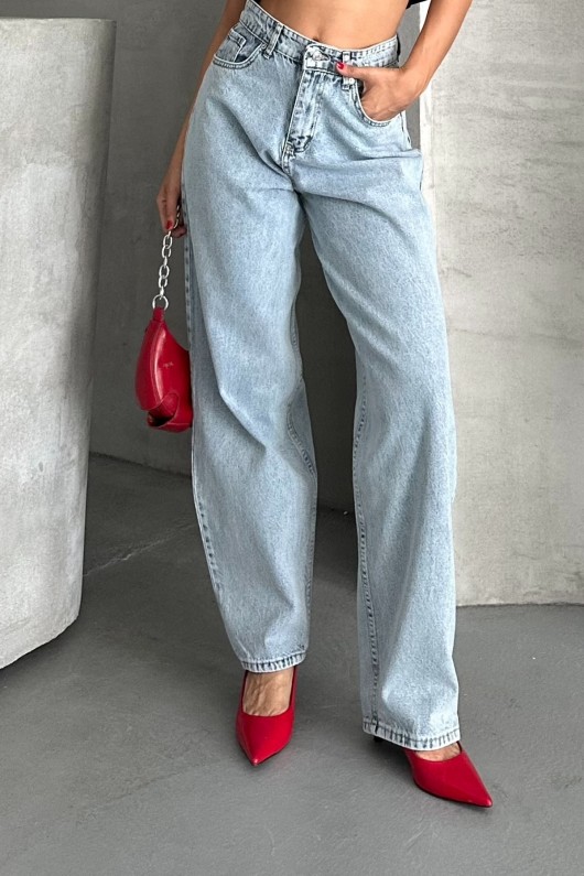 Kadın Baggy Jeans Kot Pantolon Kar Yıkamalı Denim Buz Mavi 4004