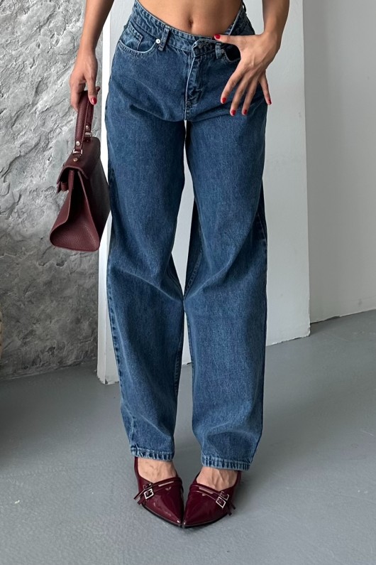 Kadın Baggy Jeans Kot Pantolon Kar Yıkamalı Denim Koyu Mavi 4004