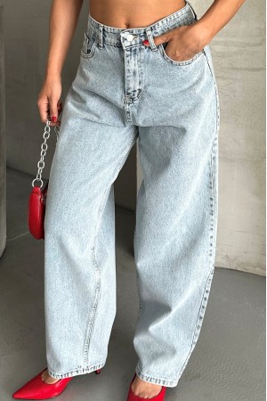 Kadın Baggy Jeans Kot Pantolon Kar Yıkamalı Denim Buz Mavi 4004