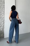 Kadın Baggy Jeans Kot Pantolon Kar Yıkamalı Denim Koyu Mavi 4004