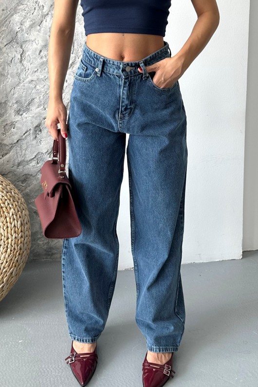 Kadın Baggy Jeans Kot Pantolon Kar Yıkamalı Denim Koyu Mavi 4004