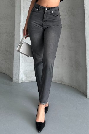 Kadın Mom Fıt Denim Pantolon Bıyık Kimyasal Kar Yıkama Füme 4005