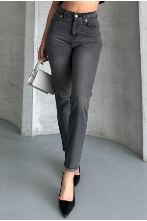 Kadın Mom Fıt Denim Pantolon Bıyık Kimyasal Kar Yıkama Füme 4005
