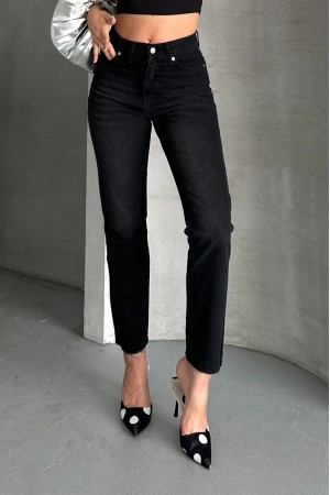 Kadın Mom Fıt Denim Pantolon Bıyık Kimyasal Kar Yıkama Siyah 4005