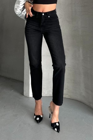 Kadın Mom Fıt Denim Pantolon Bıyık Kimyasal Kar Yıkama Siyah 4005