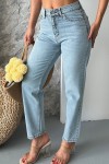 Kadın Mom Fıt Denim Pantolon Bıyık Kimyasal Kar Yıkama Buz Mavi 4005