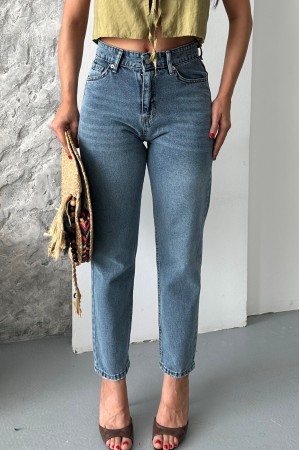Kadın Mom Fıt Denim Pantolon Bıyık Kimyasal Kar Yıkama Koyu Mavi 4005