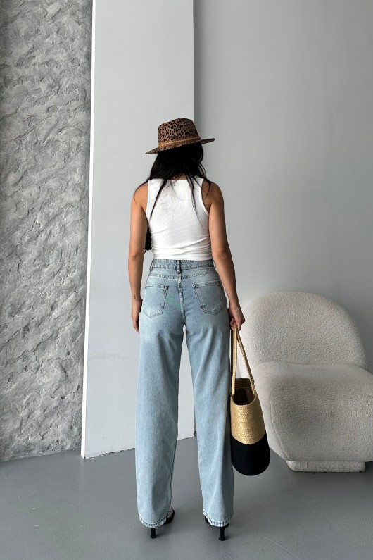 Kadın Palazzo Kot Pantolon Arka Cep Detaylı Kar Yıkama Buz Mavi 4007