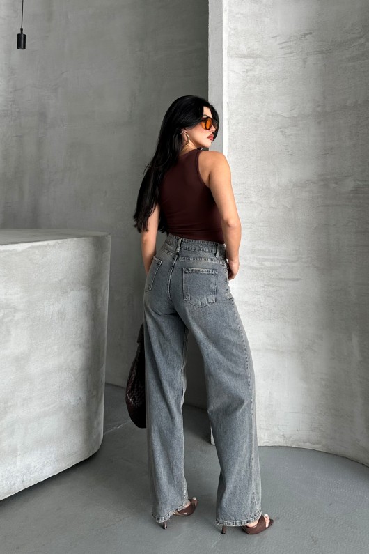 Kadın Palazzo Kot Pantolon Arka Cep Detaylı Kar Yıkama Kahve Tint 4007