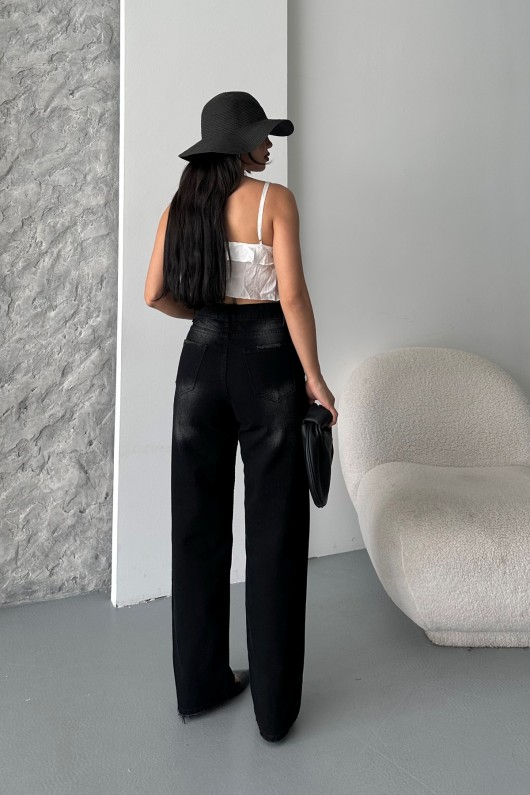 Kadın Palazzo Kot Pantolon Arka Cep Detaylı Kar Yıkama Siyah 4007