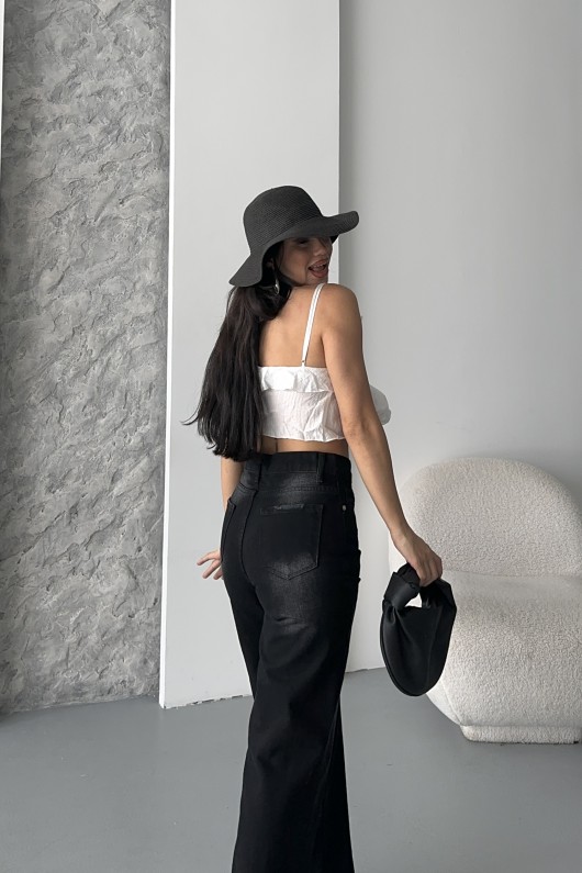 Kadın Palazzo Kot Pantolon Arka Cep Detaylı Kar Yıkama Siyah 4007