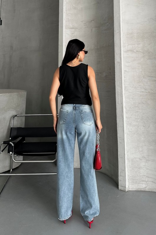 Kadın Palazzo Kot Pantolon Arka Cep Detaylı Kar Yıkama Mavi 4007