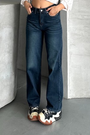 Kadın Palazzo Kot Pantolon Arka Cep Detaylı Kar Yıkama Koyu Mavi 4007