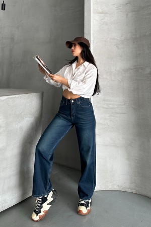 Kadın Palazzo Kot Pantolon Arka Cep Detaylı Kar Yıkama Koyu Mavi 4007