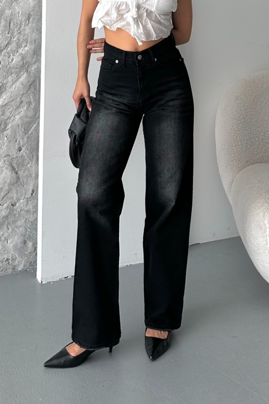 Kadın Palazzo Kot Pantolon Arka Cep Detaylı Kar Yıkama Siyah 4007