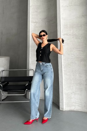 Kadın Palazzo Kot Pantolon Arka Cep Detaylı Kar Yıkama Mavi 4007