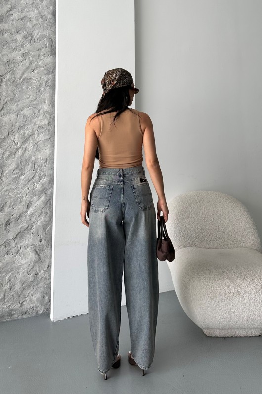 Kadın Baggy Yan Cep Ve Arka Cebi Dikiş Detaylı Regular Baggy Kahve Mavi Efektli 4008