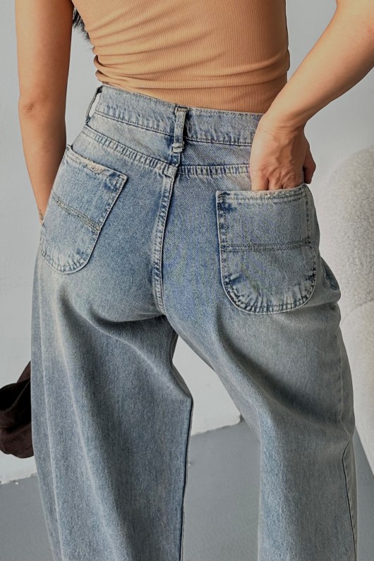Kadın Baggy Yan Cep Ve Arka Cebi Dikiş Detaylı Regular Baggy Kahve Mavi Efektli 4008