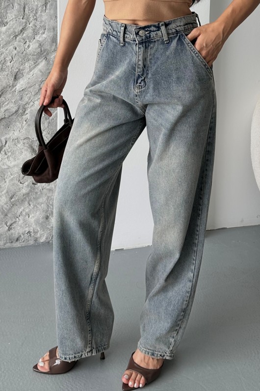 Kadın Baggy Yan Cep Ve Arka Cebi Dikiş Detaylı Regular Baggy Kahve Mavi Efektli 4008