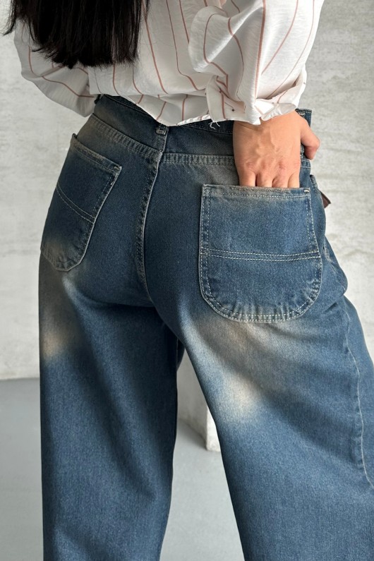Kadın Baggy Yan Cep Ve Arka Cebi Dikiş Detaylı Regular Baggy Koyu Mavi Efektli 4008 Kadın Baggy Yan Cep Ve Arka Cebi Dikiş Detaylı Regular Baggy Koyu Mavi Efektli 4008