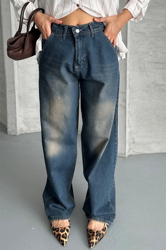 Kadın Baggy Yan Cep Ve Arka Cebi Dikiş Detaylı Regular Baggy Koyu Mavi Efektli 4008 Kadın Baggy Yan Cep Ve Arka Cebi Dikiş Detaylı Regular Baggy Koyu Mavi Efektli 4008