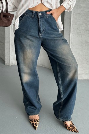 Kadın Baggy Yan Cep Ve Arka Cebi Dikiş Detaylı Regular Baggy Koyu Mavi Efektli 4008