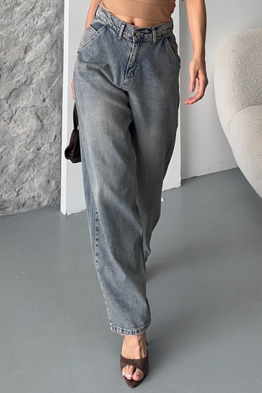 Kadın Baggy Yan Cep Ve Arka Cebi Dikiş Detaylı Regular Baggy Kahve Mavi Efektli 4008