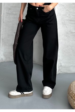 Kadın Palazzo Kot Pantolon Efektli Jeans Siyah 4009