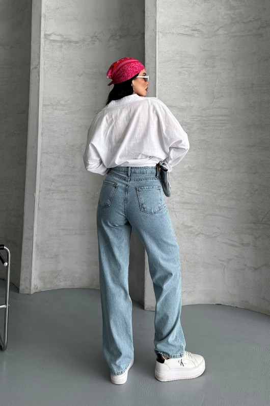 Kadın Palazzo Kot Pantolon Efektli Jeans Buz Mavi 4009