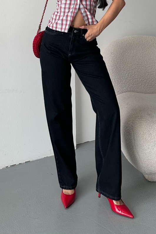 Kadın Palazzo Kot Pantolon Efektli Jeans Koyu Mavi 4009