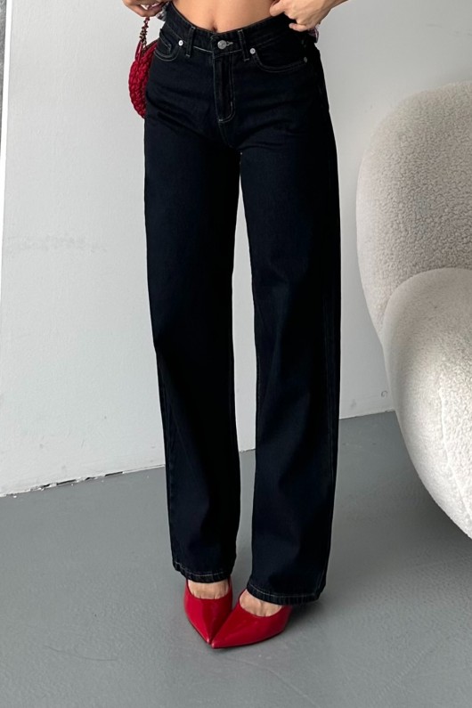 Kadın Palazzo Kot Pantolon Efektli Jeans Koyu Mavi 4009