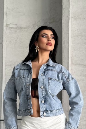 Kadın Kot Ceket Çift Cepli Denim Ceket Buz Mavi 4500