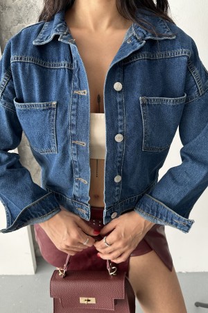 Kadın Kot Ceket Çift Cepli Denim Ceket Koyu Mavi 4500