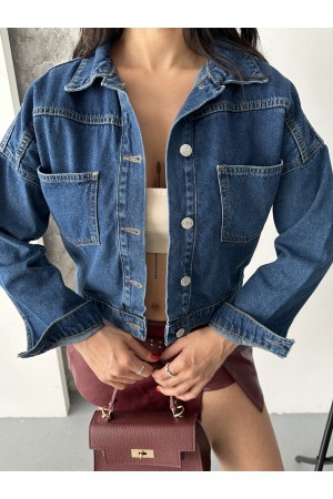 Kadın Kot Ceket Çift Cepli Denim Ceket Koyu Mavi 4500
