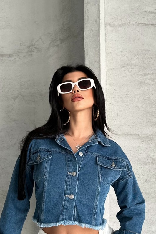 Kadın Çift Kapaklı Lazer Kesim Crop Kot Ceket Mavi 4501