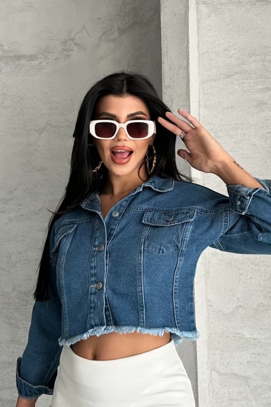 Kadın Çift Kapaklı Lazer Kesim Crop Kot Ceket Mavi 4501