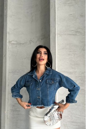 Kadın Çift Kapaklı Lazer Kesim Crop Kot Ceket Mavi 4501