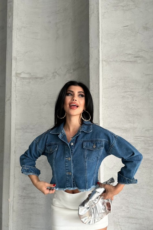 Kadın Çift Kapaklı Lazer Kesim Crop Kot Ceket Mavi 4501