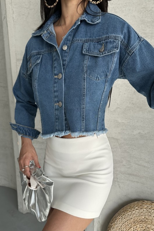 Kadın Çift Kapaklı Lazer Kesim Crop Kot Ceket Mavi 4501