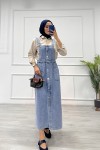 Kadın Kot Etekli Salopet Düğmeli Ön Cep Detaylı Salopet Açık Mavi 4510