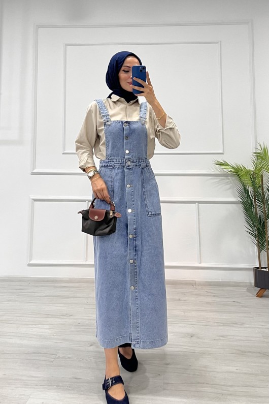 Kadın Kot Etekli Salopet Düğmeli Ön Cep Detaylı Salopet Açık Mavi 4510