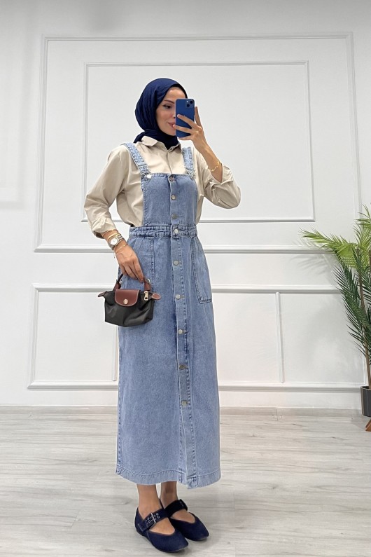 Kadın Kot Etekli Salopet Düğmeli Ön Cep Detaylı Salopet Açık Mavi 4510