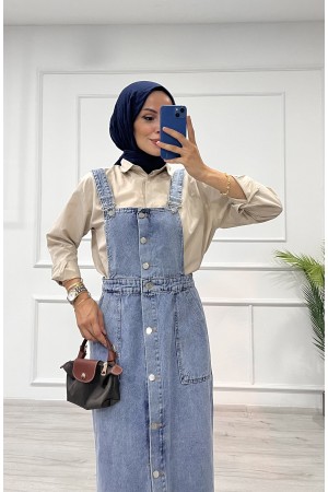 Kadın Kot Etekli Salopet Düğmeli Ön Cep Detaylı Salopet Açık Mavi 4510