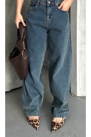 Kadın Kot Baggy Jeans Denim Pantolon Kar Yıkama Yeşil Tint 4000