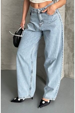 Kadın Kot Baggy Jeans Denim Pantolon Kar Yıkama Buz Mavisi 4000