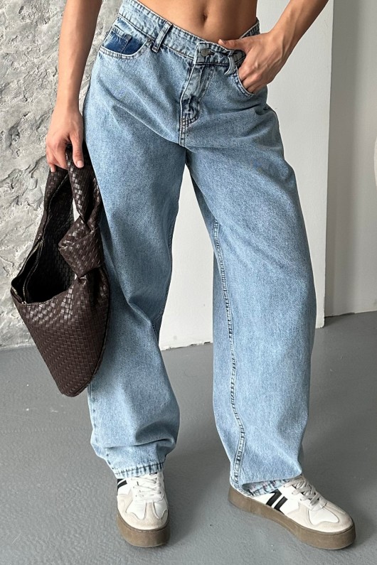 Kadın Kot Baggy Jeans Denim Pantolon Kar Yıkama Mavi 4000