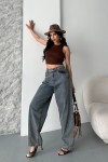 Kadın Kot Baggy Jeans Denim Pantolon Kar Yıkama Kahve Tint 4000