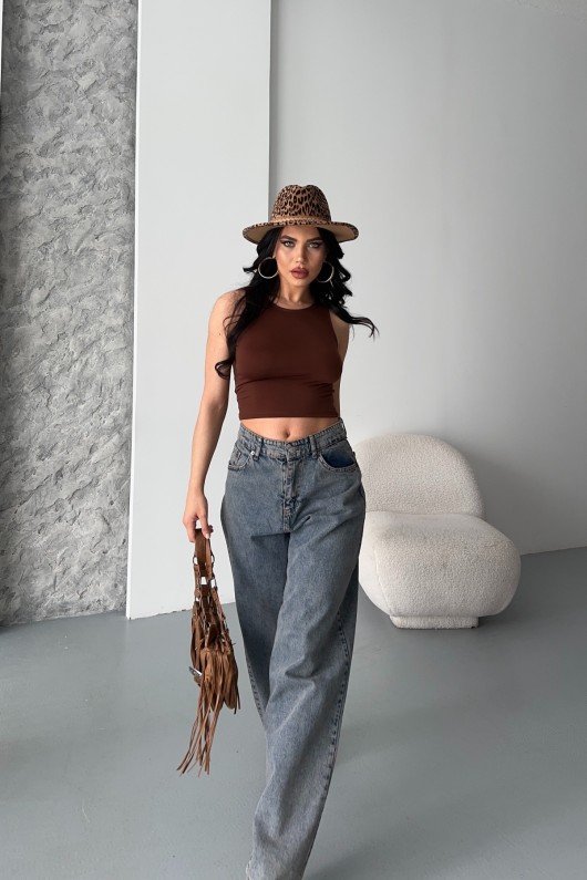 Kadın Kot Baggy Jeans Denim Pantolon Kar Yıkama Kahve Tint 4000